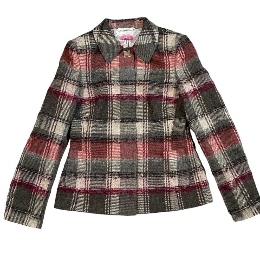 Basler Women’s Wool Cashmere Alpaca Pink Plaid Blazer Jacket Work Wear Career